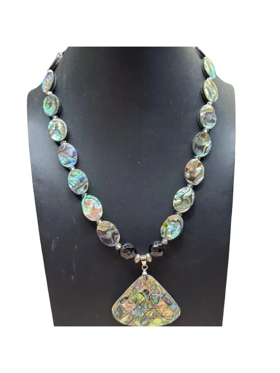 Vintage Mosaic Abalone Shell Bead Necklace Statement Pendant 18KGP Toggle Clasp - Picture 2 of 10